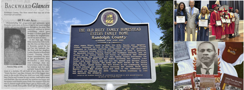 Fannie Riley historical newspaper article, Riley Family Homestead marker, and RCTS historical collage