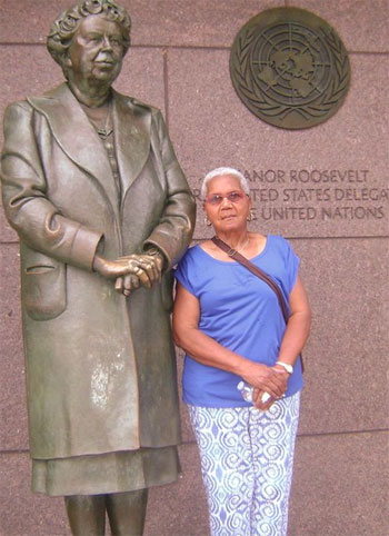 Mary ('58) was a strong supporter of equal educational, political and economic rights for women - standing beside a statue of Eleanor Roosevelt